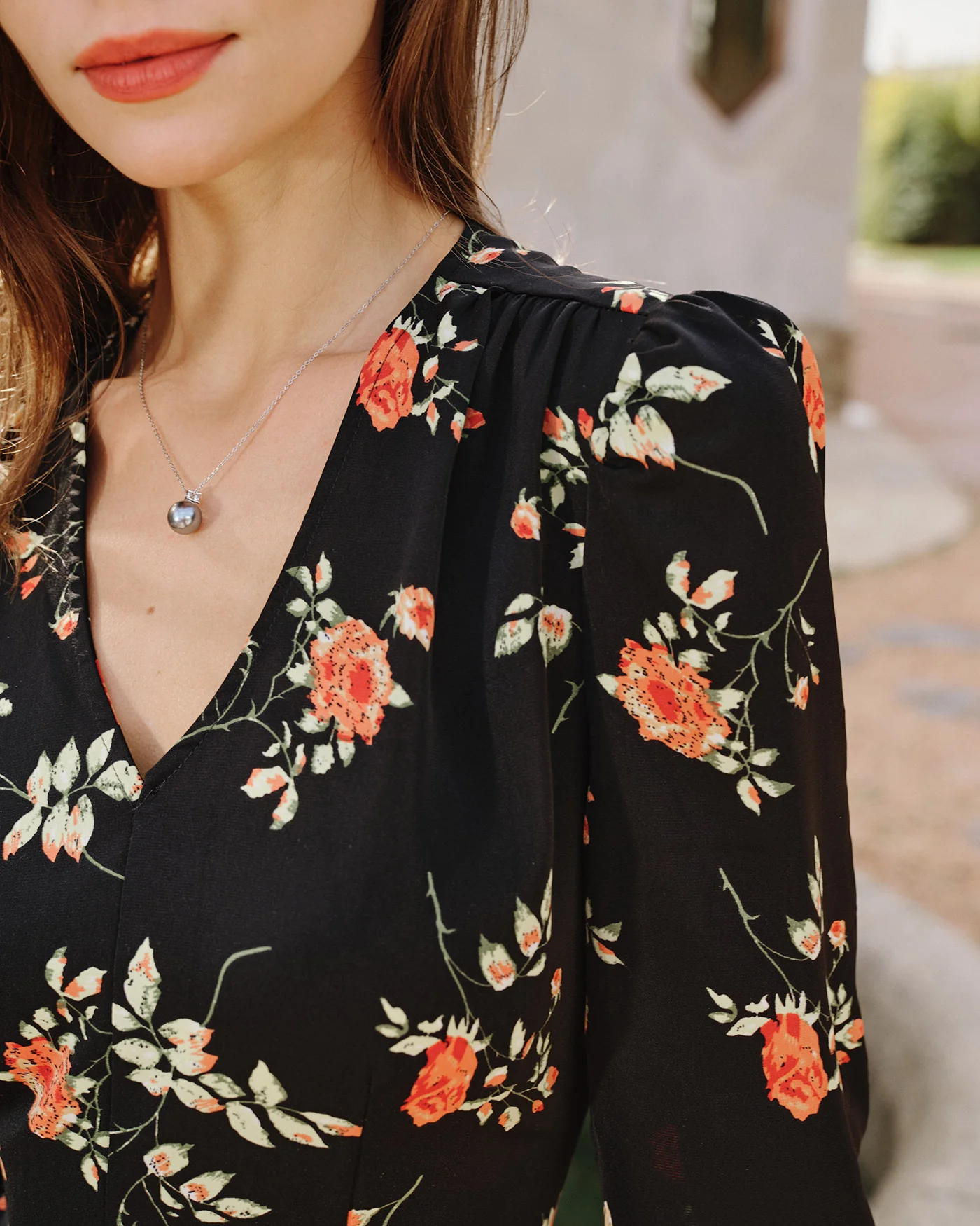 Black V Neck Floral Blouse - Image 2