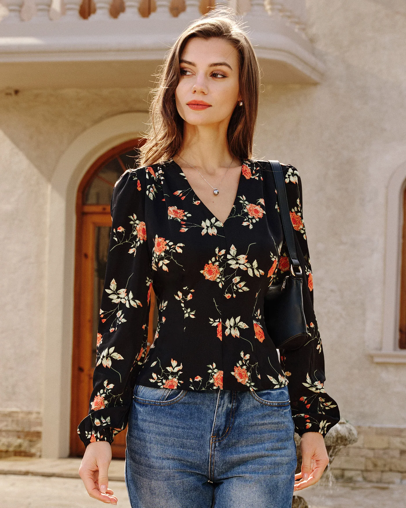 Black V Neck Floral Blouse - Image 3