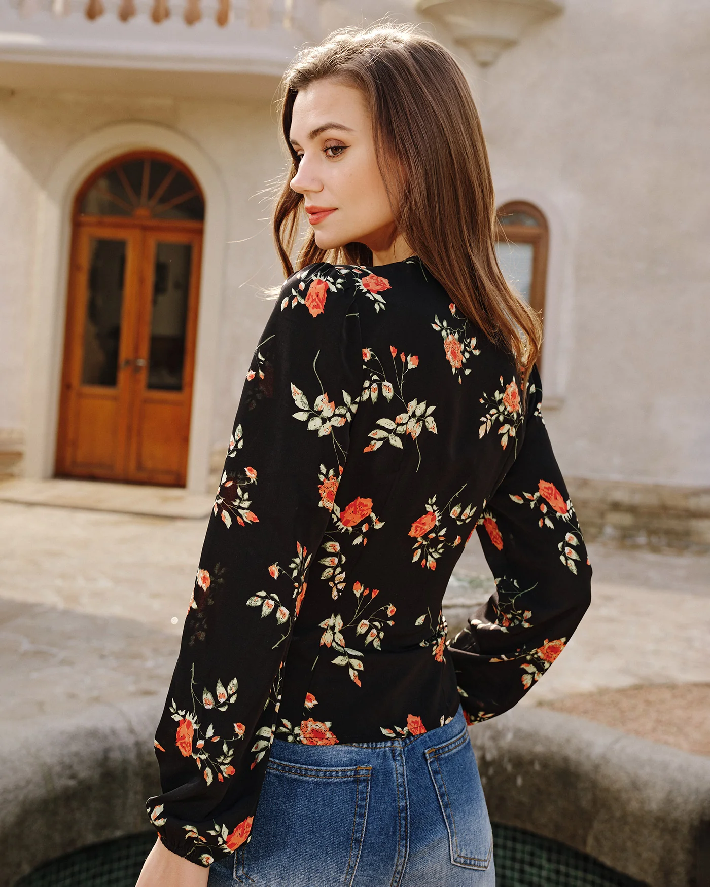 Black V Neck Floral Blouse - Image 4
