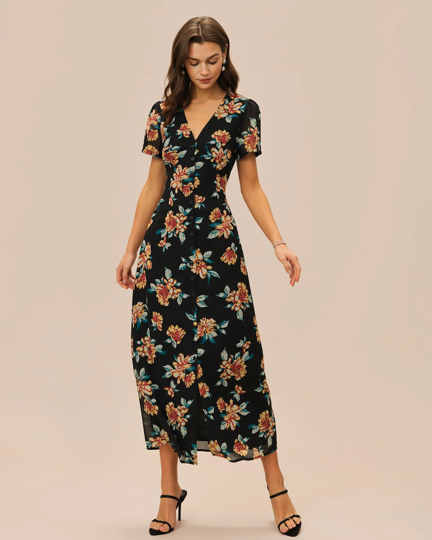 Black V Neck Floral Button Maxi Dress