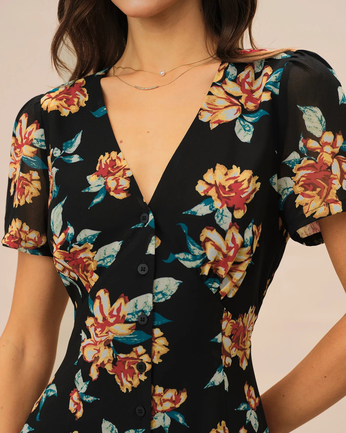 Black V Neck Floral Button Maxi Dress - Image 2