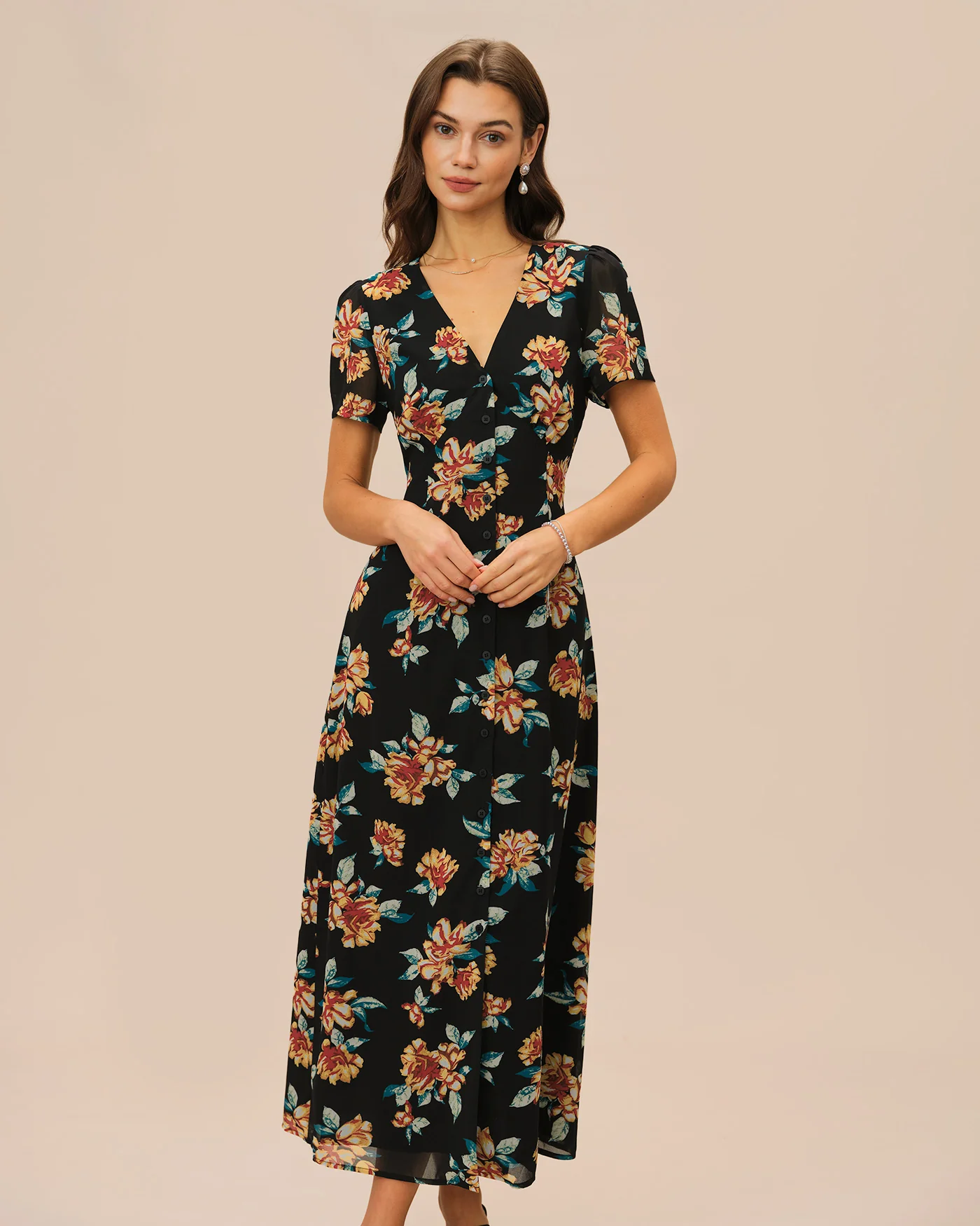 Black V Neck Floral Button Maxi Dress - Image 3