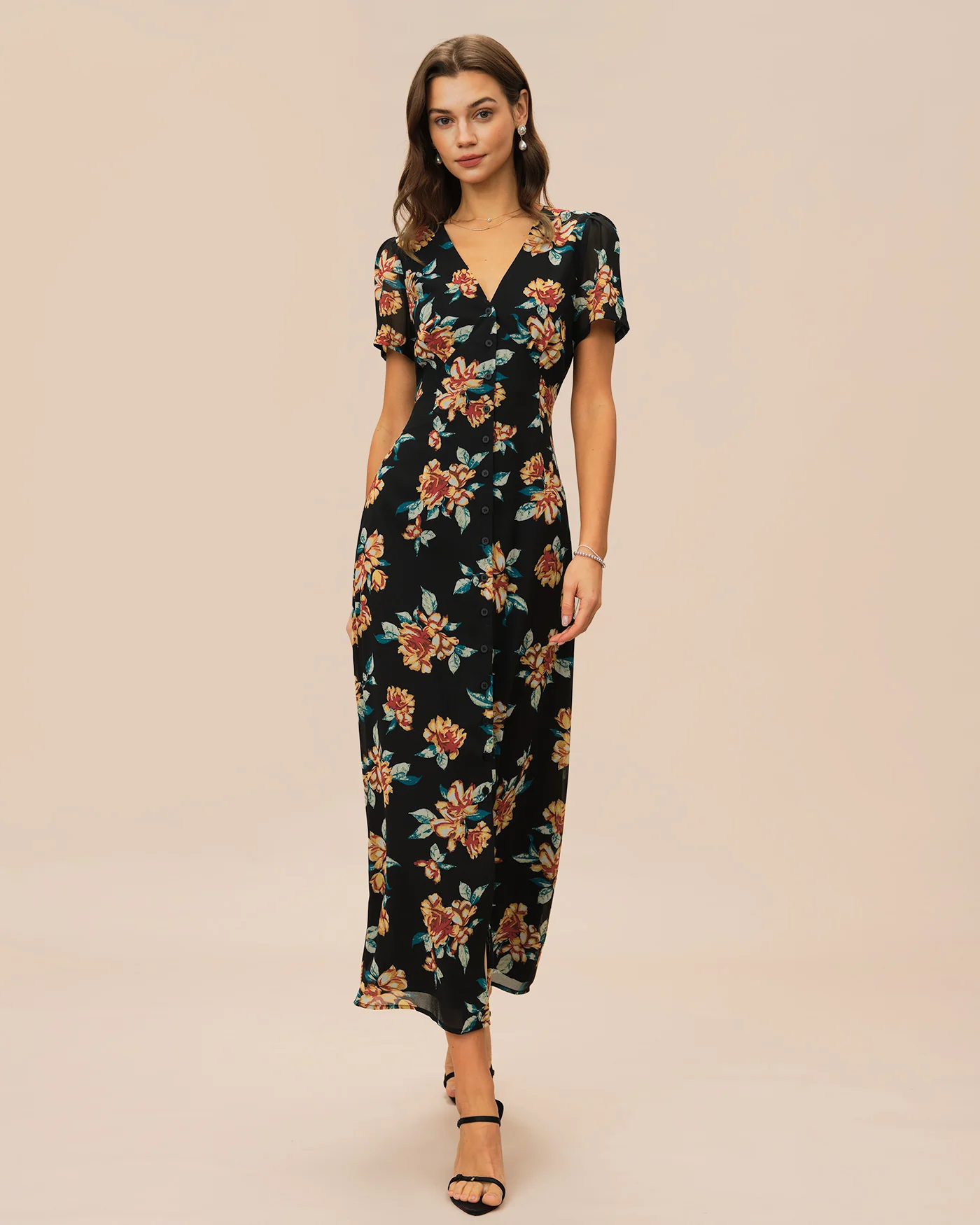 Black V Neck Floral Button Maxi Dress - Image 4