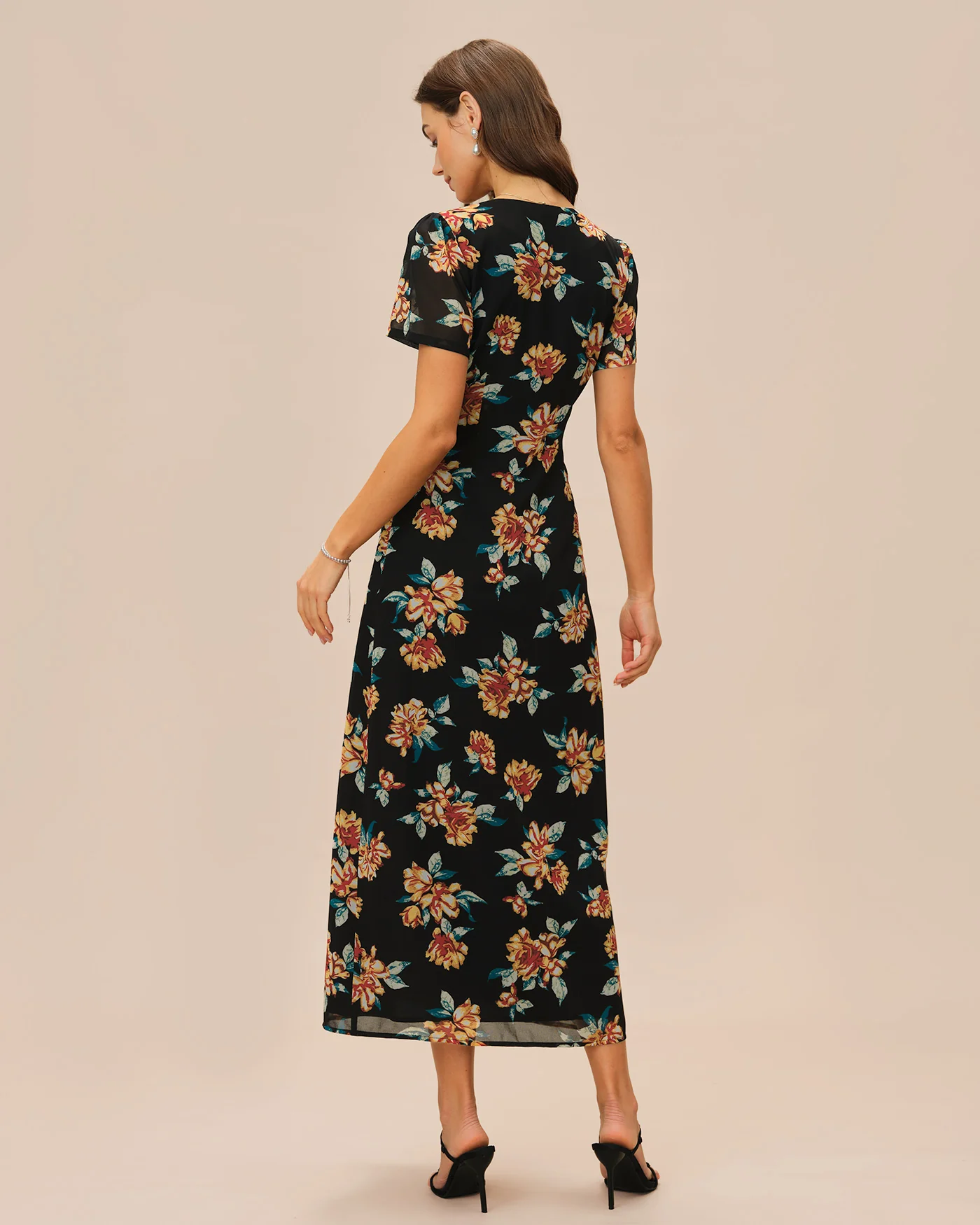 Black V Neck Floral Button Maxi Dress - Image 6