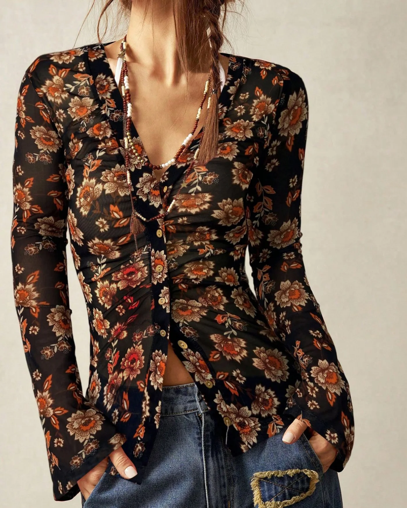 Black V Neck Floral Tee
