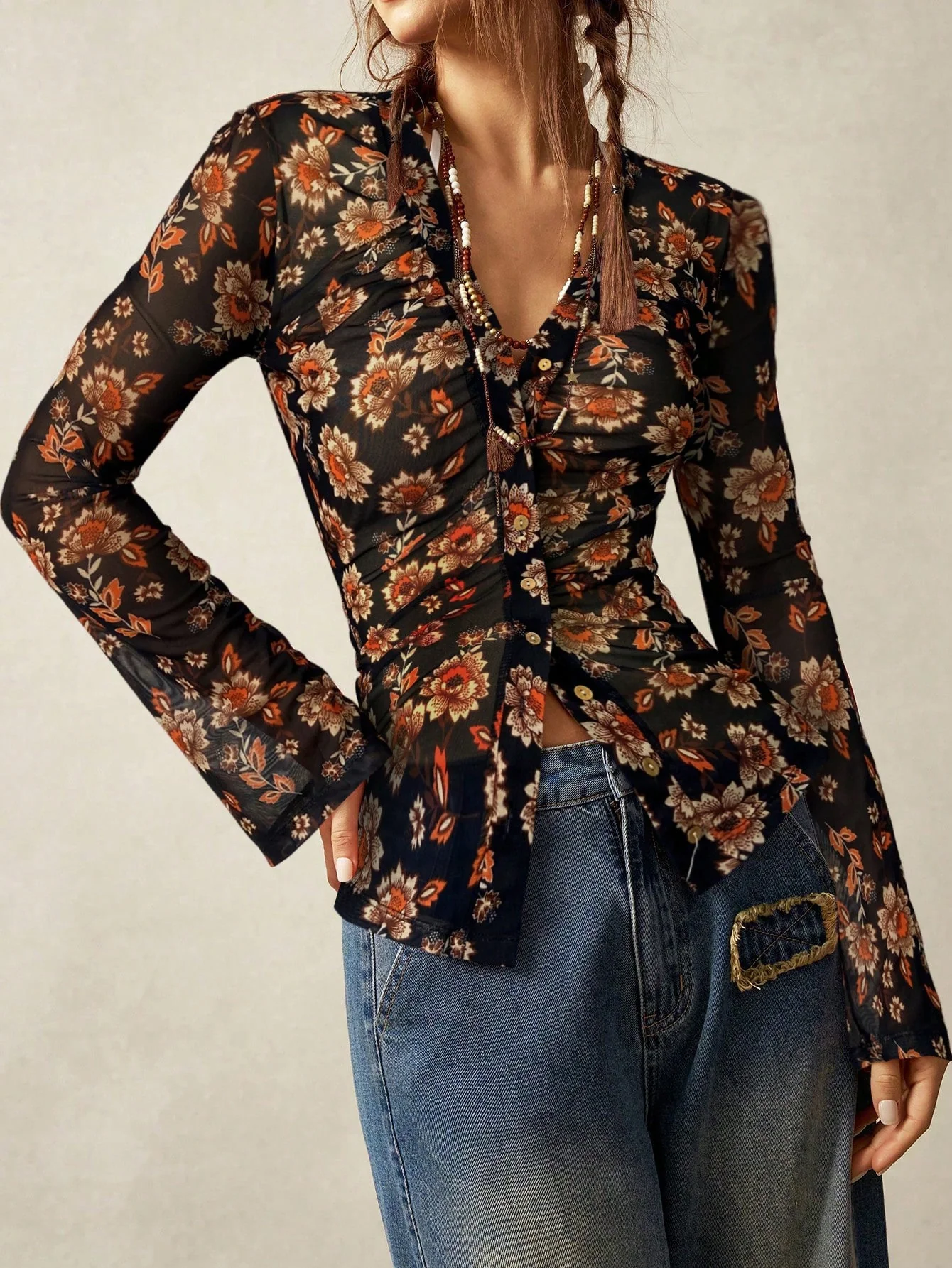 Black V Neck Floral Tee - Image 2