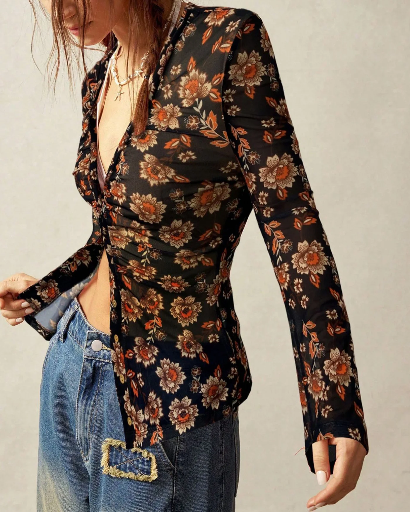 Black V Neck Floral Tee - Image 3