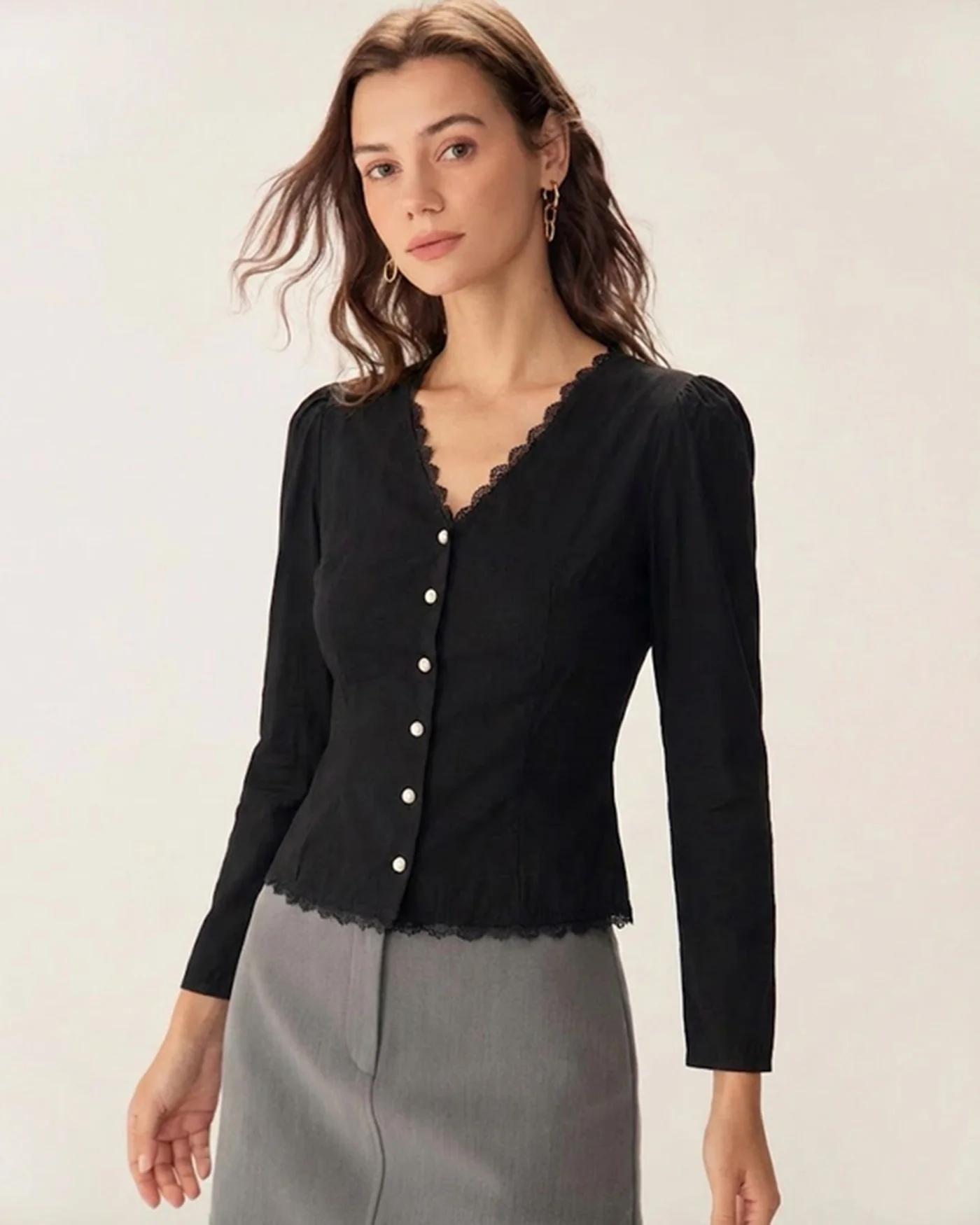 Black V Neck Lace Blouse
