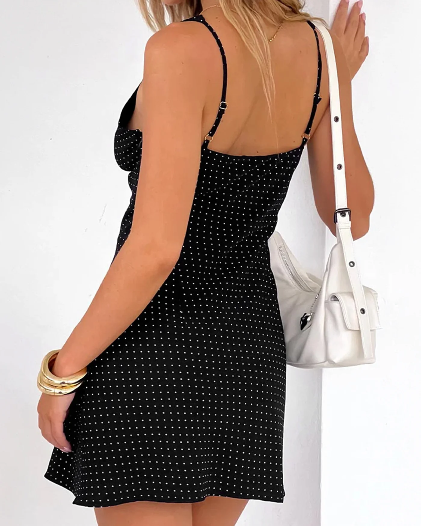 Black V Neck Lace Polka Dot Mini Dress - Image 4