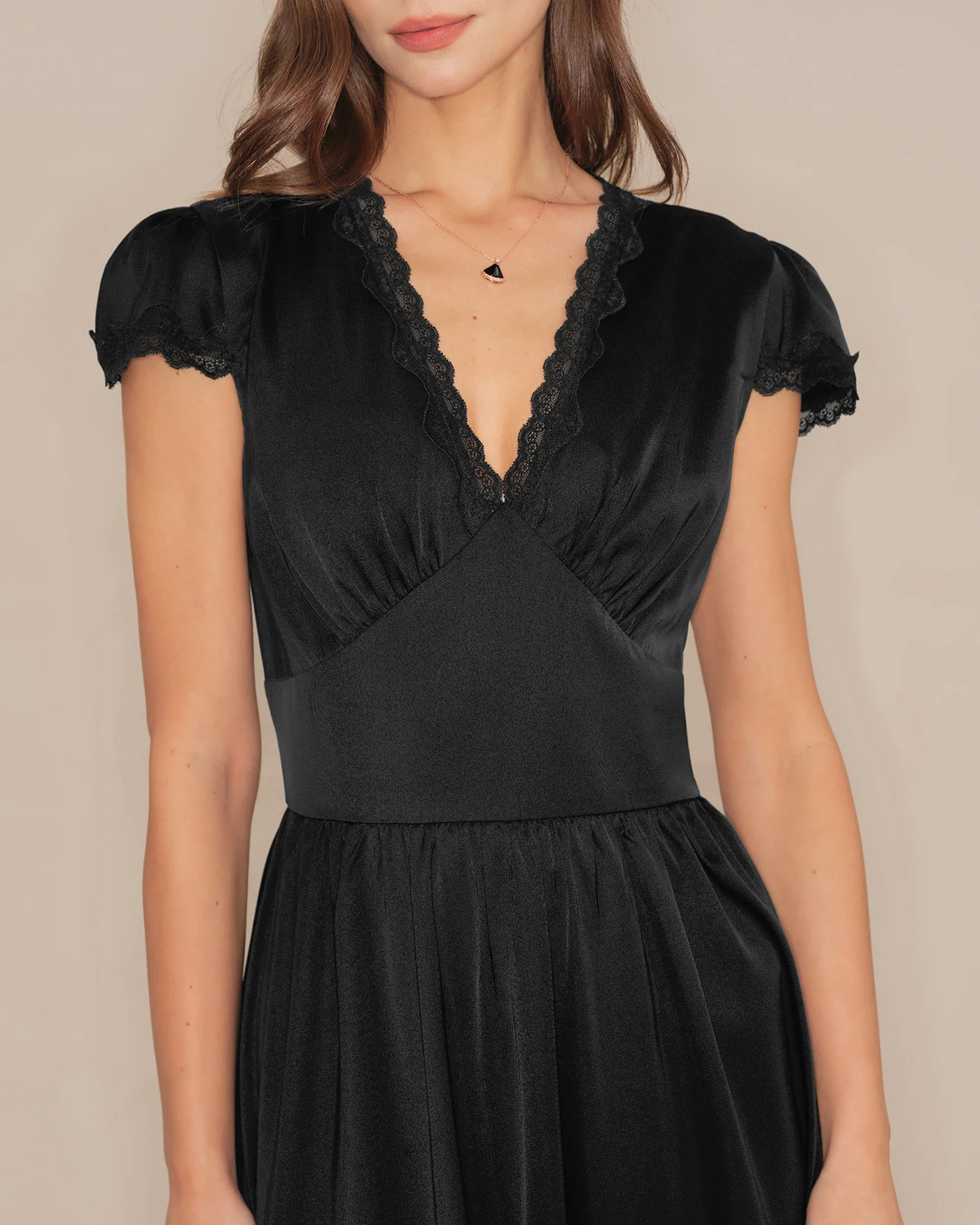 Black V Neck Lace Puffed Sleeve Maxi Dress - Image 2