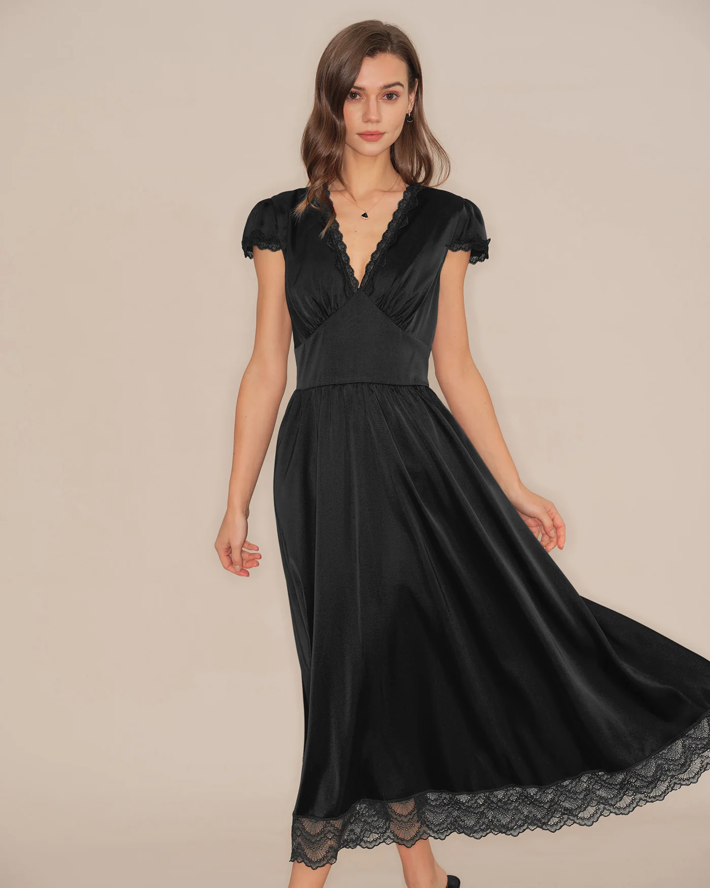 Black V Neck Lace Puffed Sleeve Maxi Dress - Image 3