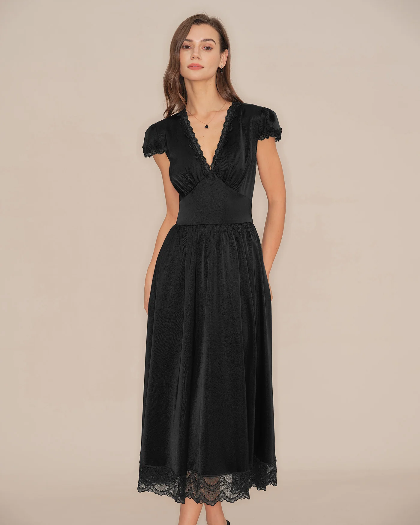 Black V Neck Lace Puffed Sleeve Maxi Dress - Image 4