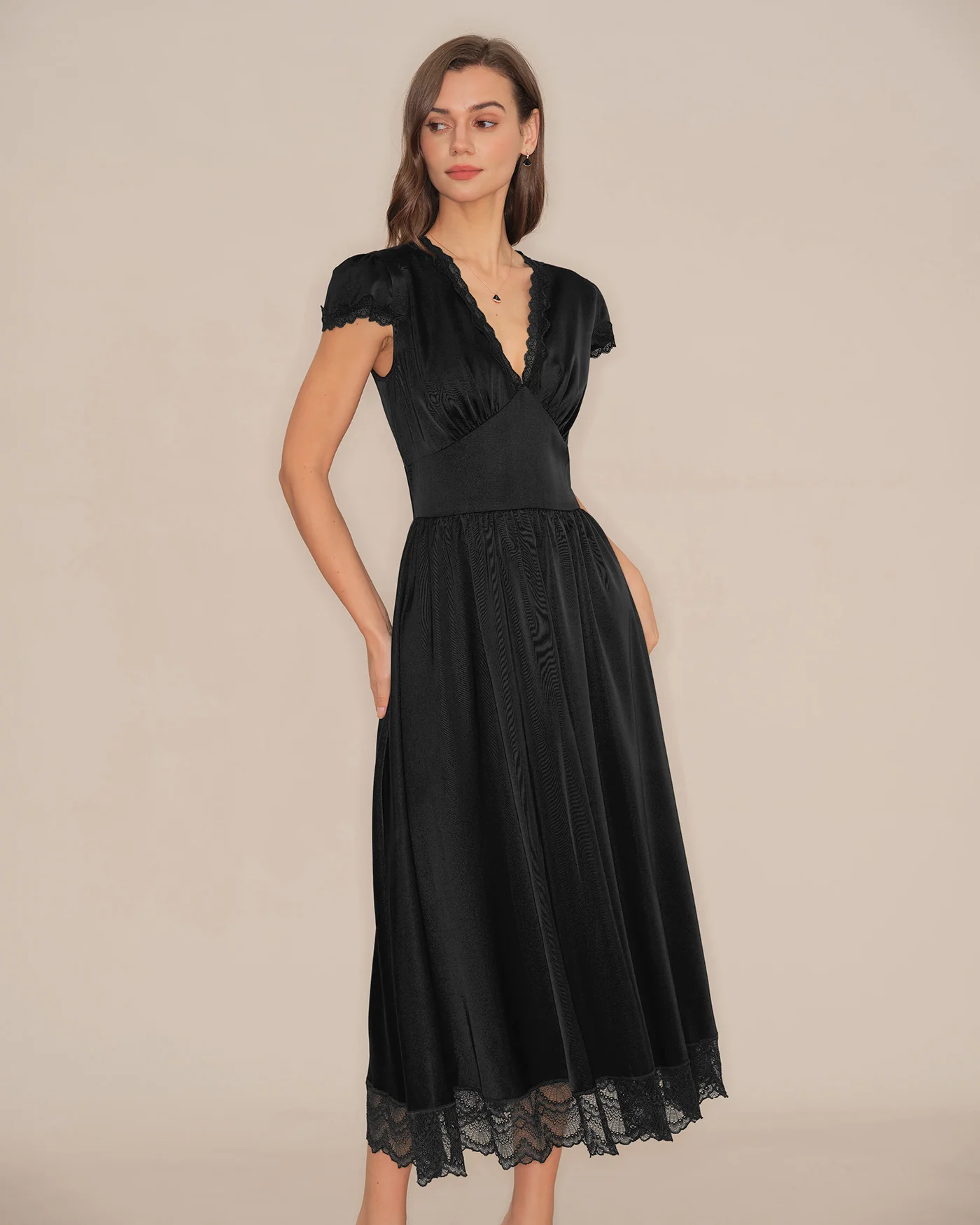 Black V Neck Lace Puffed Sleeve Maxi Dress - Image 5