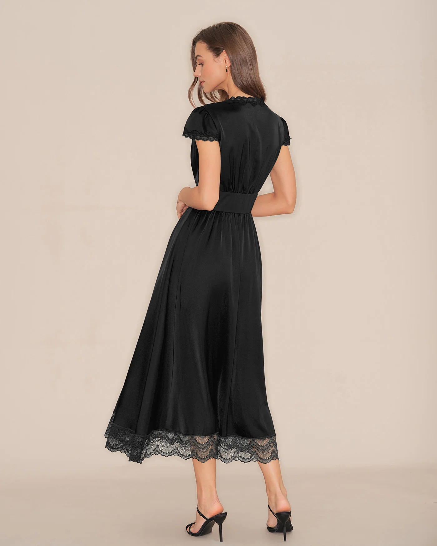 Black V Neck Lace Puffed Sleeve Maxi Dress - Image 6