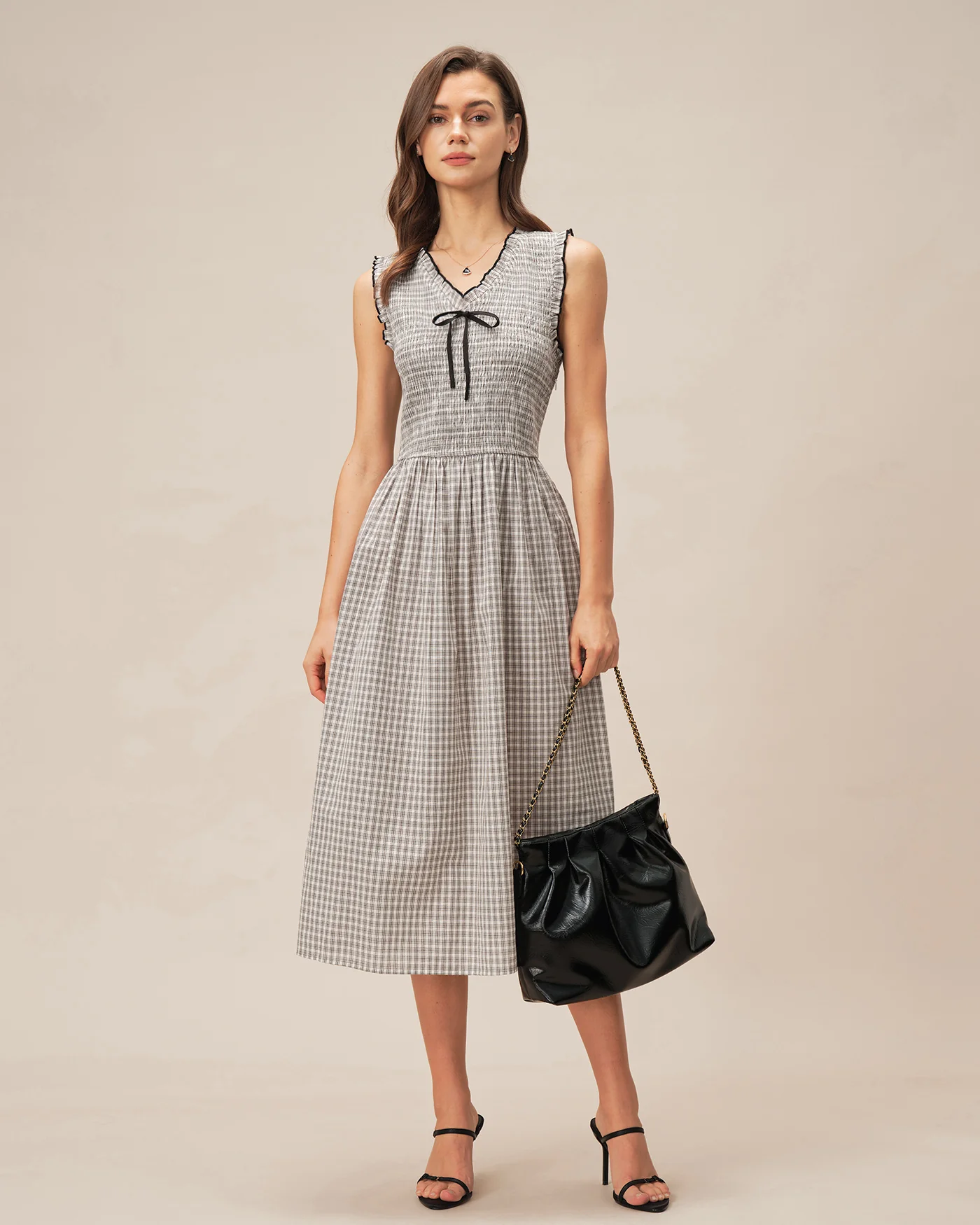 Black V Neck Plaid Midi Dress - Image 3