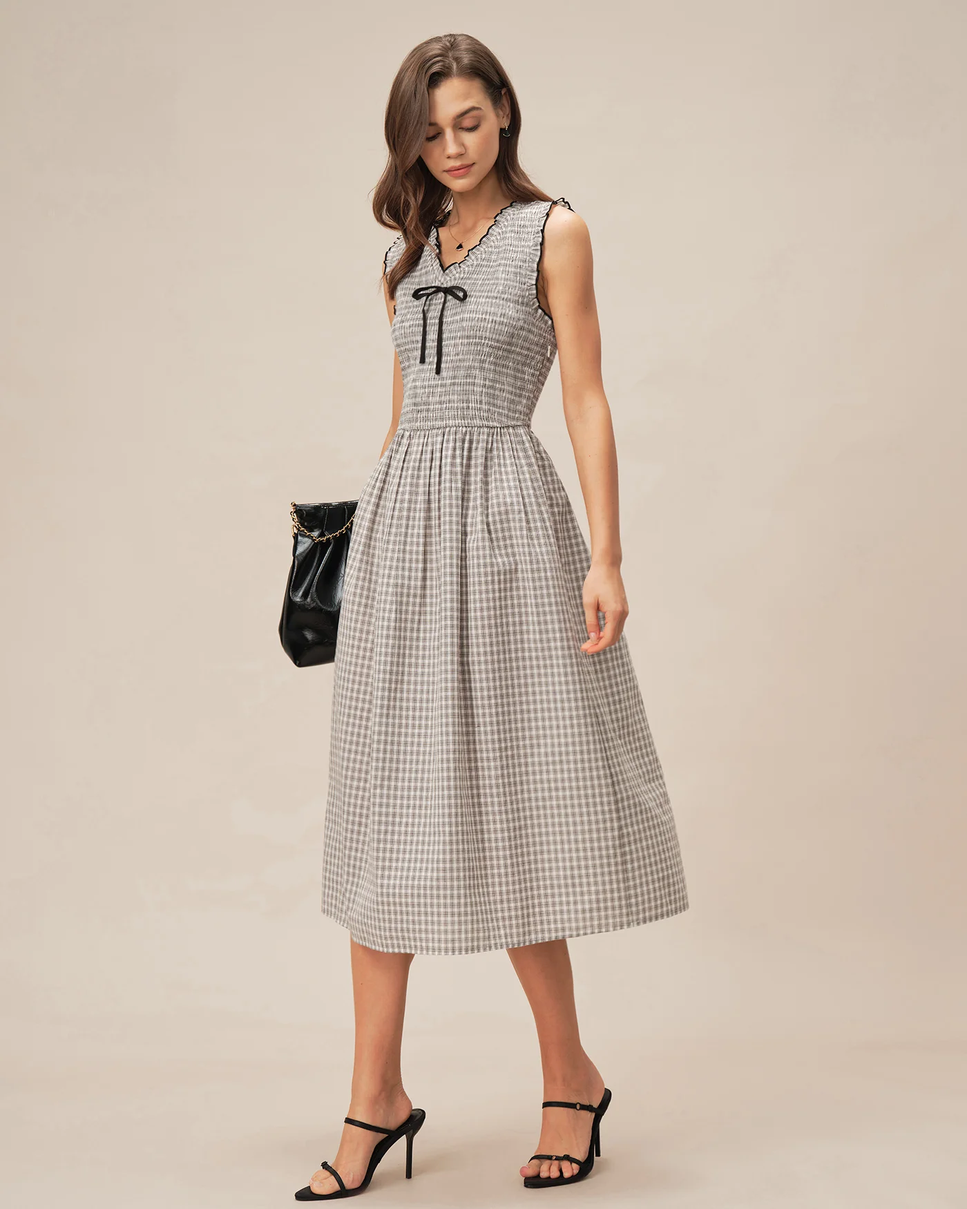 Black V Neck Plaid Midi Dress - Image 4