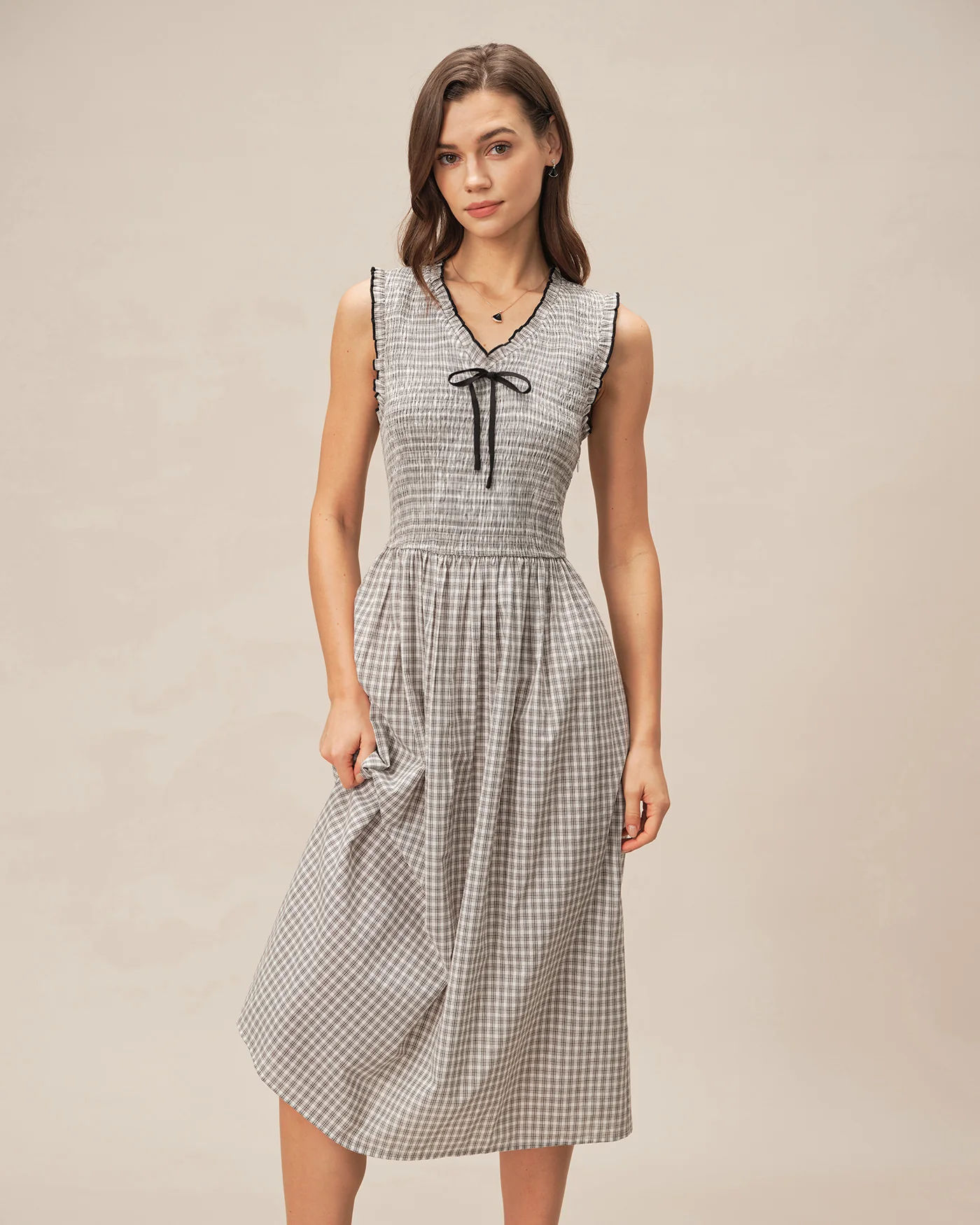 Black V Neck Plaid Midi Dress - Image 5