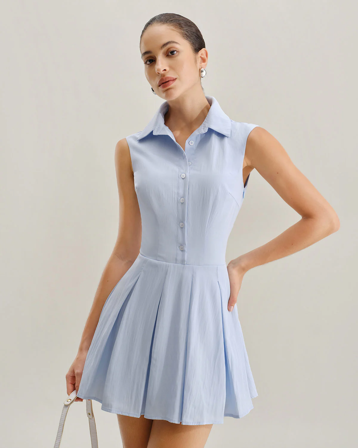 Blue Button A-Line Sleeveless Mini Dress
