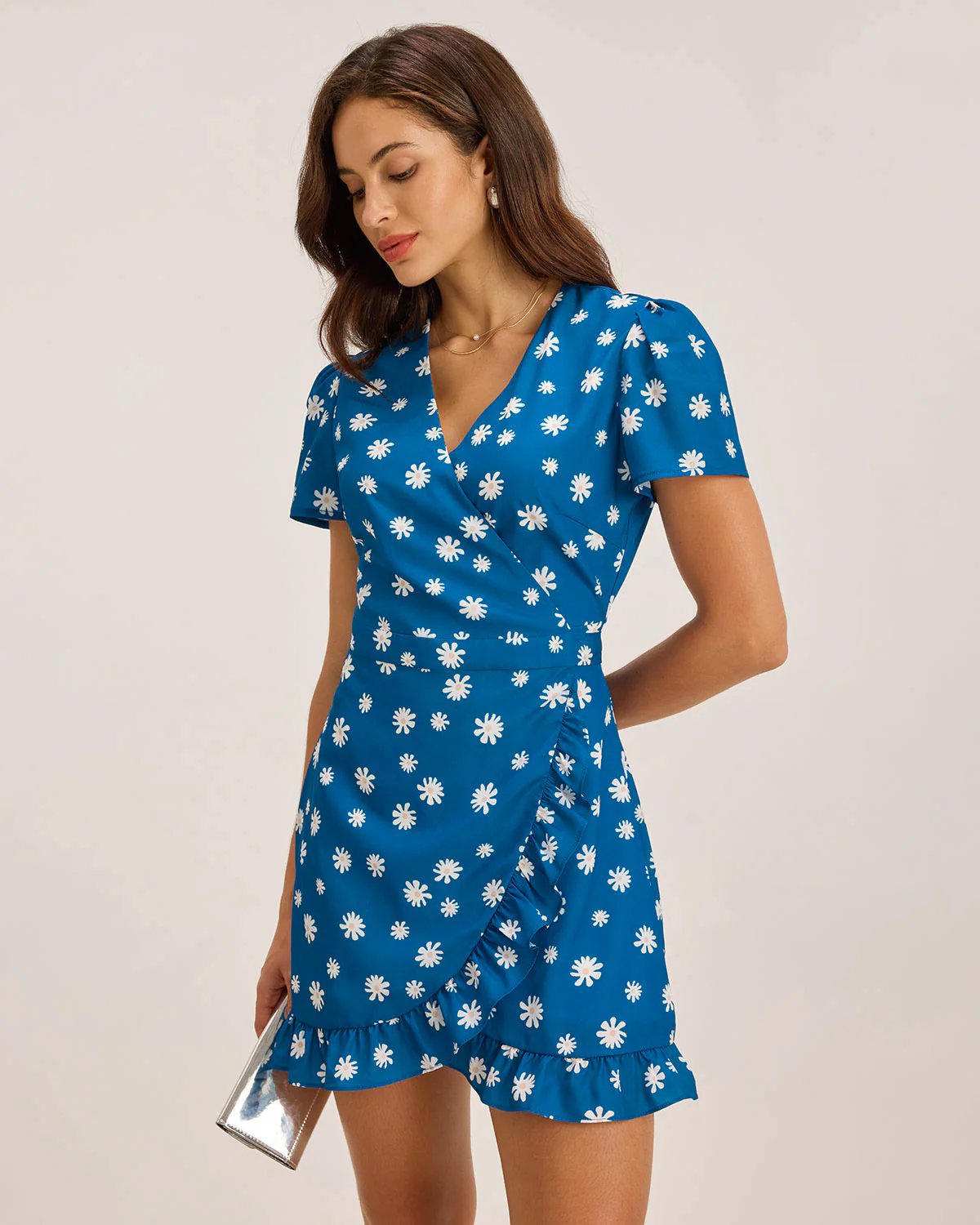 Blue Floral A-Line Wrap Mini Dress - Image 2