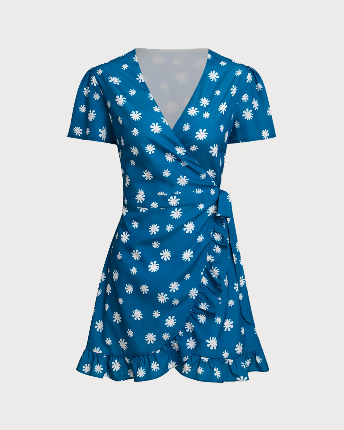 Blue Floral A-Line Wrap Mini Dress - Image 5