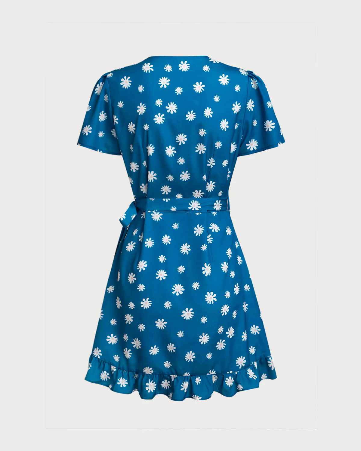 Blue Floral A-Line Wrap Mini Dress - Image 6