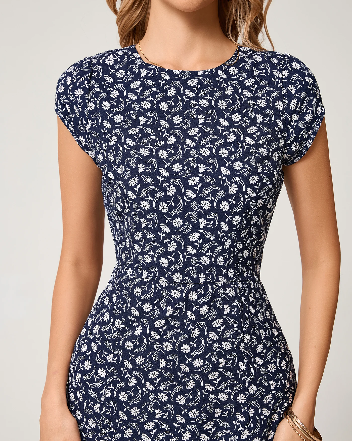 Blue Floral Cap Sleeve Midi Dress - Image 2