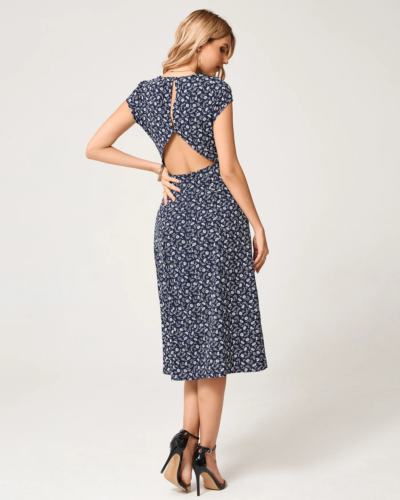 Blue Floral Cap Sleeve Midi Dress - Image 3