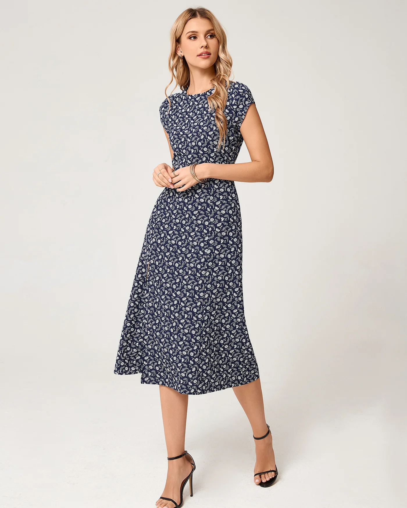 Blue Floral Cap Sleeve Midi Dress - Image 4