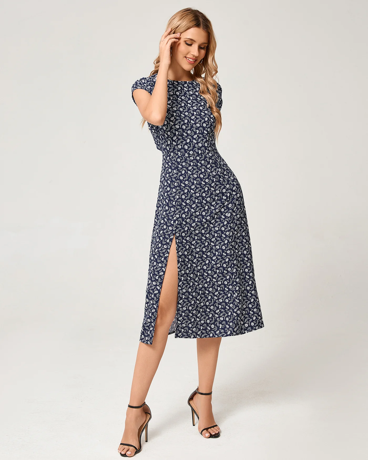 Blue Floral Cap Sleeve Midi Dress - Image 5