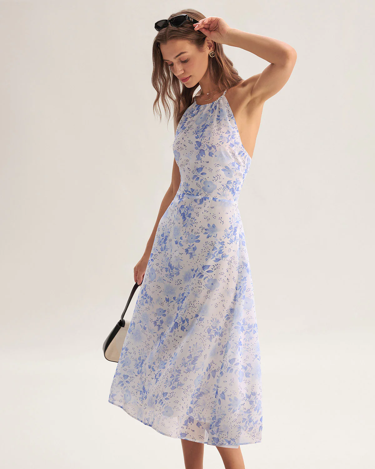 Blue Floral Halter Midi Dress - Image 3
