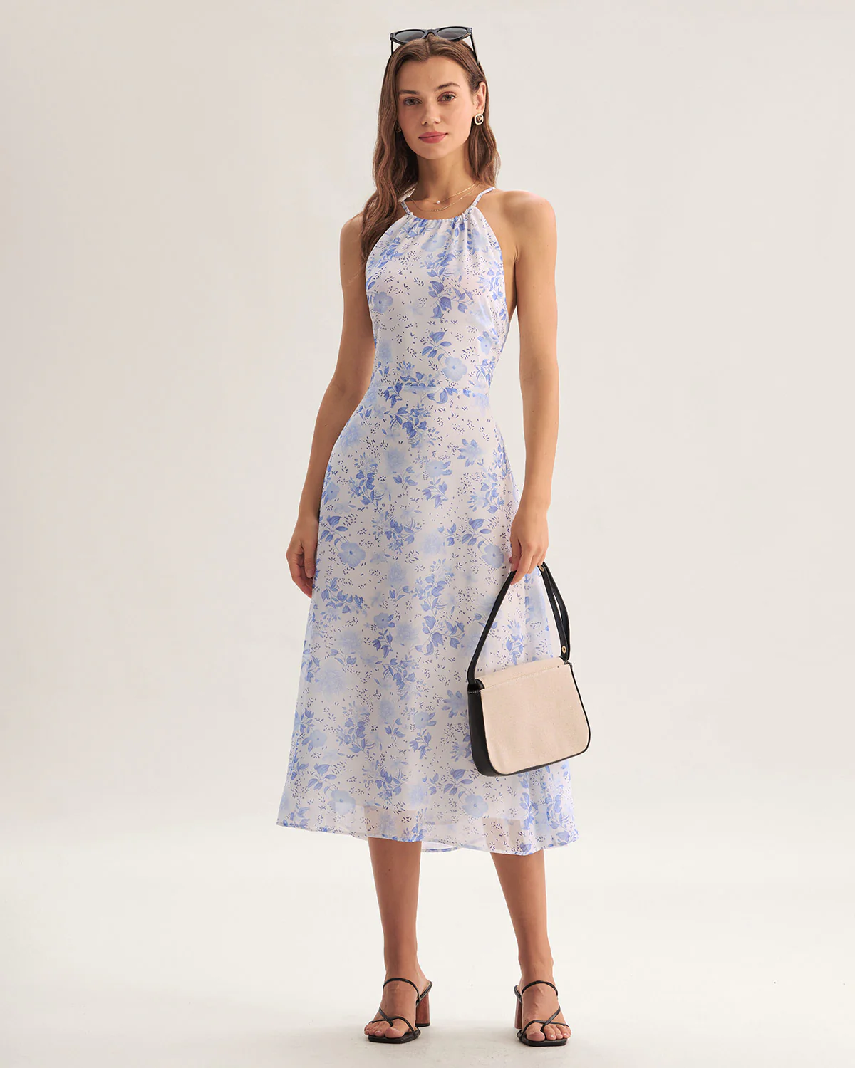Blue Floral Halter Midi Dress - Image 4