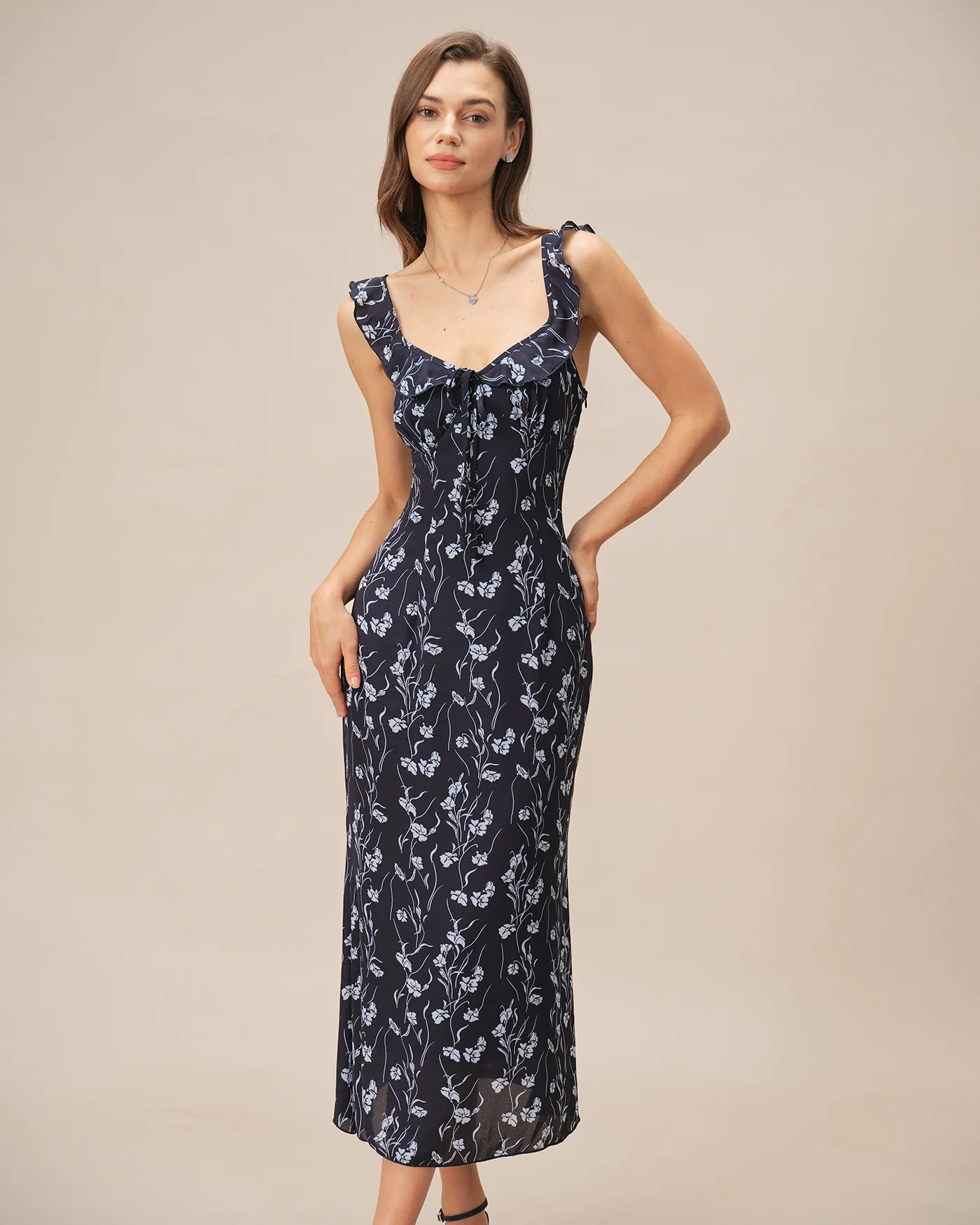 Blue Floral Slip A-Line Midi Dress - Image 3