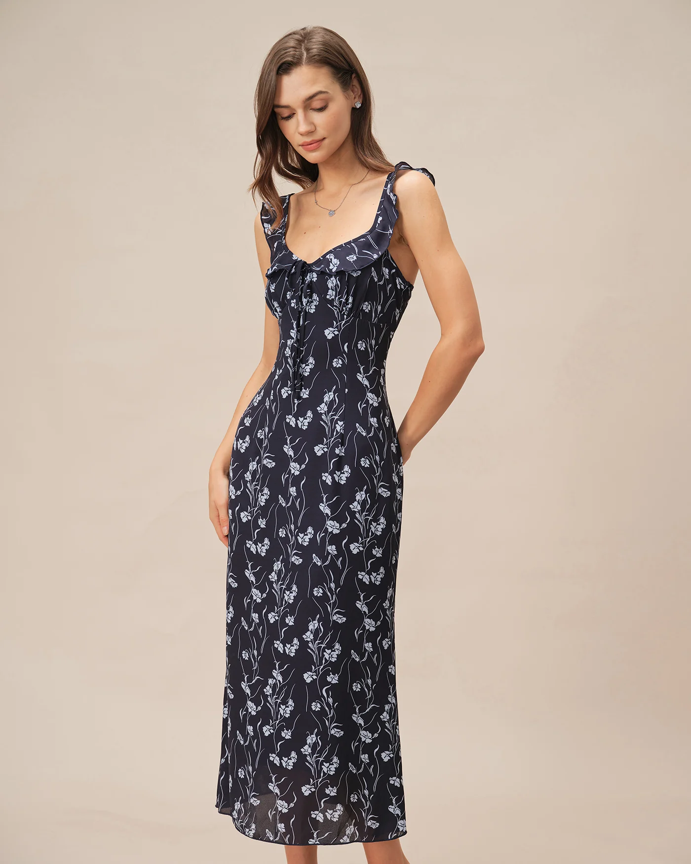 Blue Floral Slip A-Line Midi Dress - Image 4