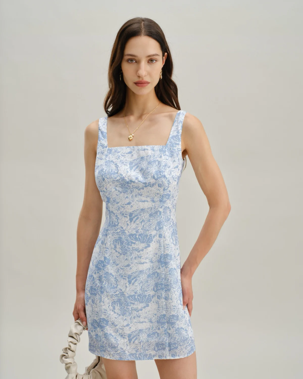 Blue Floral Square Neck A-Line Slip Mini Dress - Image 6