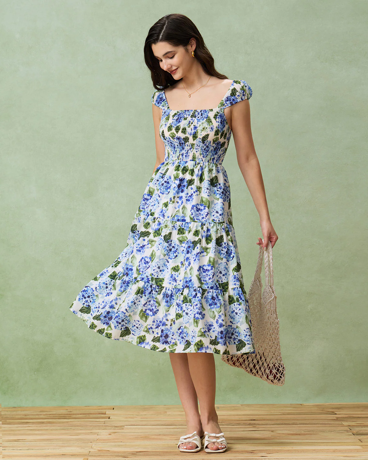 Blue Floral Square Neck Shirred Midi Dress - Image 4