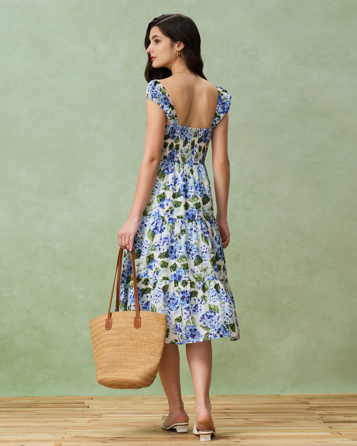 Blue Floral Square Neck Shirred Midi Dress - Image 5