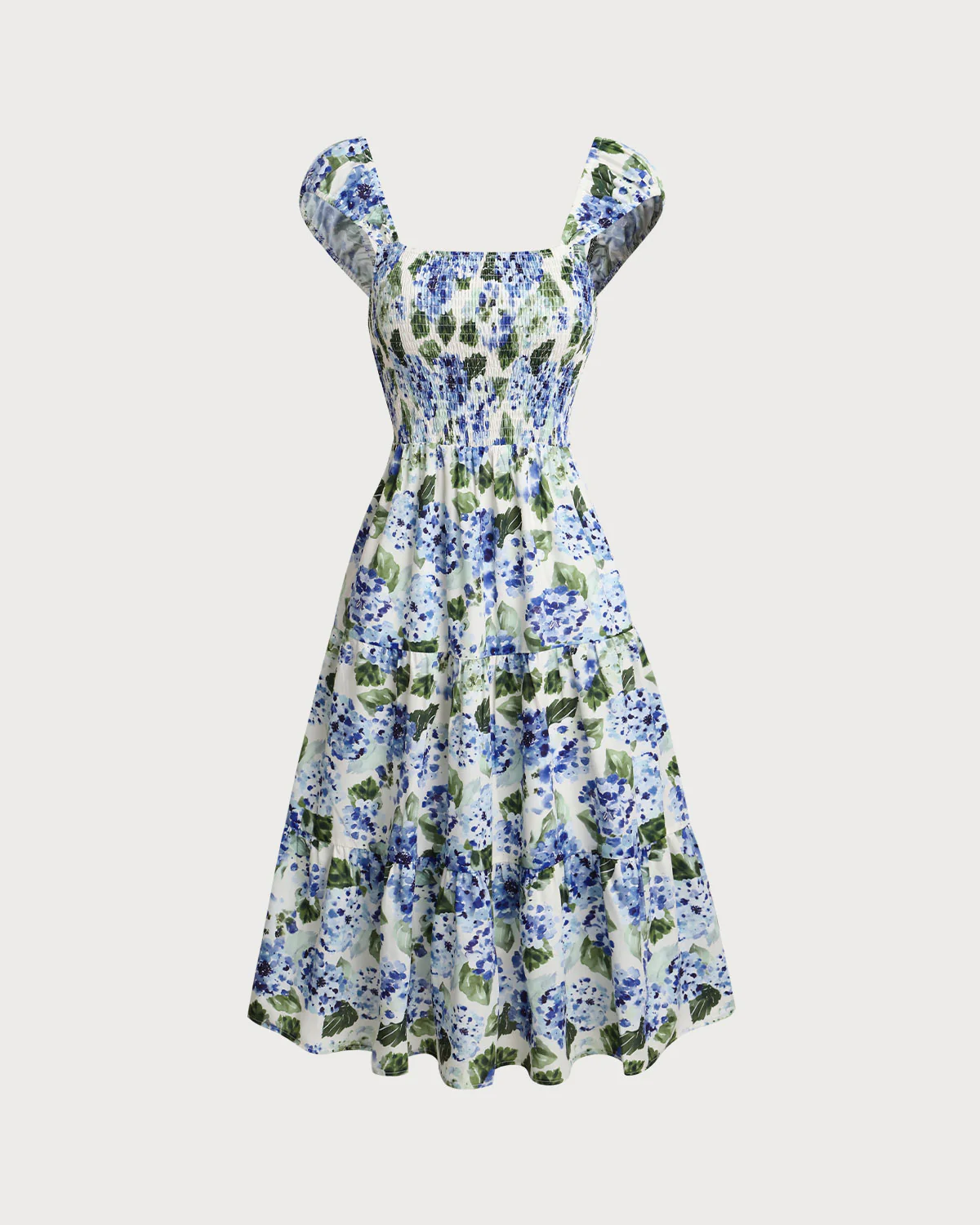 Blue Floral Square Neck Shirred Midi Dress - Image 6
