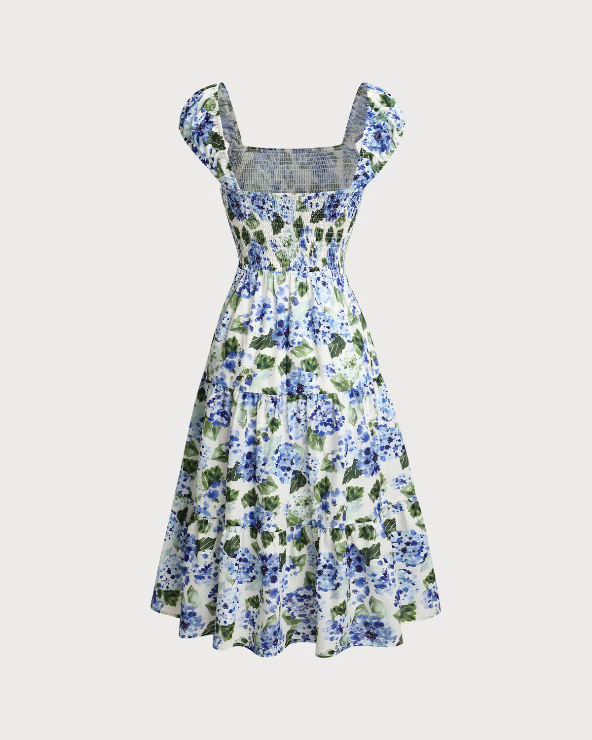 Blue Floral Square Neck Shirred Midi Dress - Image 7