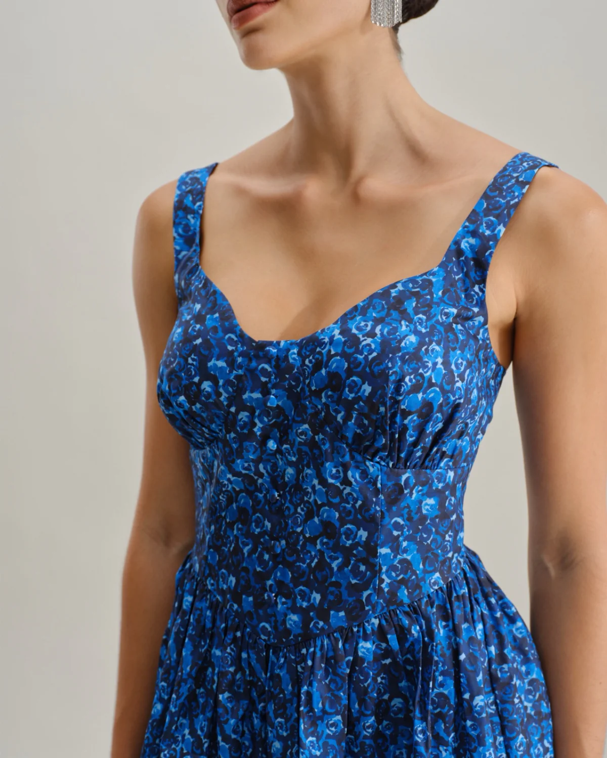 Blue Floral U-Neck Shirred Mini Dress - Image 2