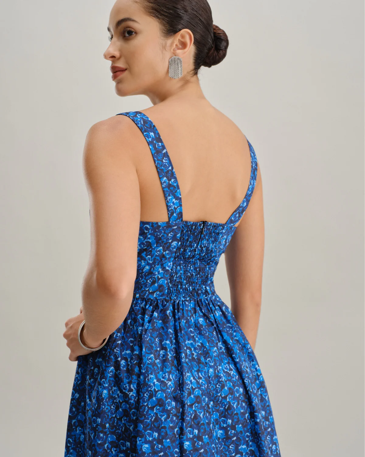 Blue Floral U-Neck Shirred Mini Dress - Image 3