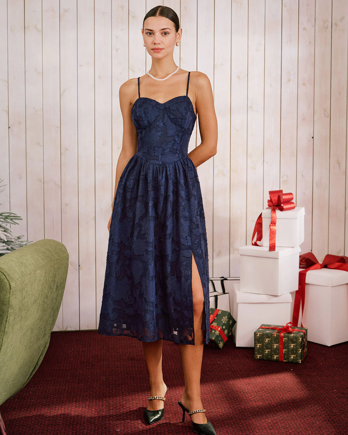 Blue Jacquard A-Line Slip Midi Dress - Image 3
