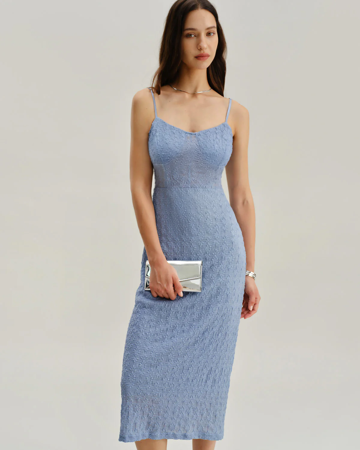 Blue Lace Slip Bodycon Midi Dress