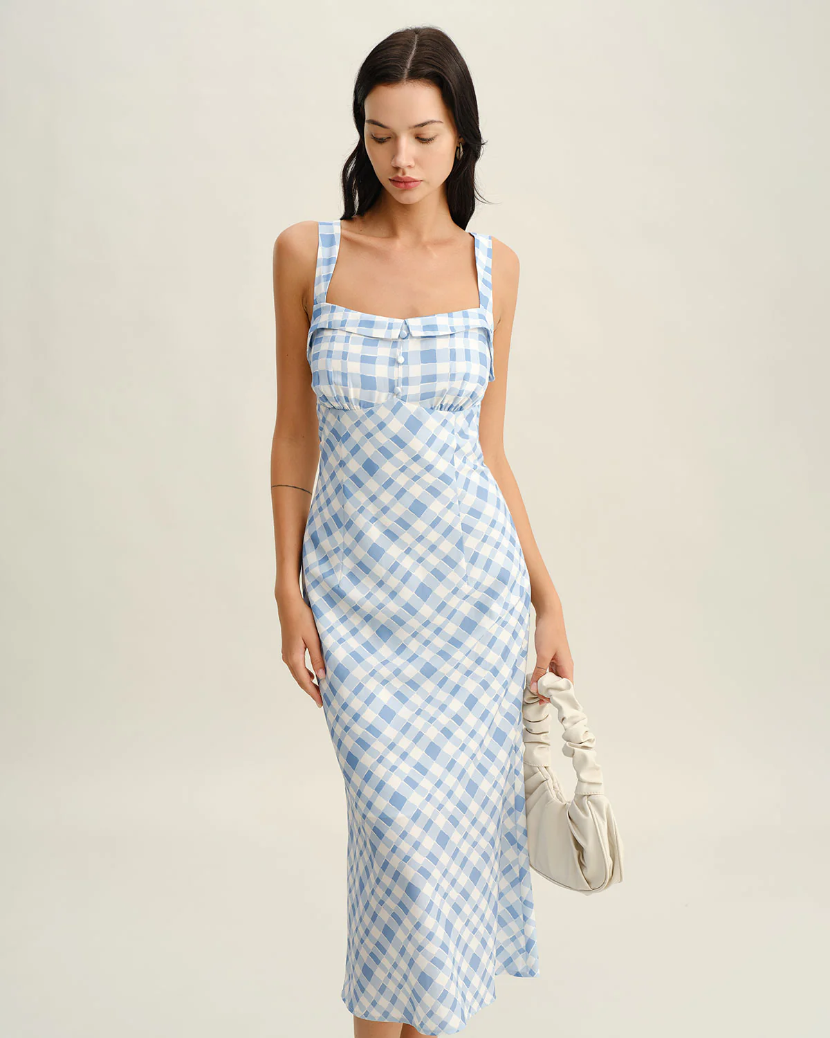 Blue Plaid Square Neck Slip Midi Dress