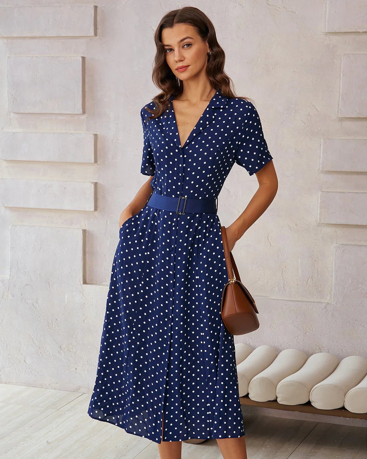 Blue Polka Dot Belted Midi Dress