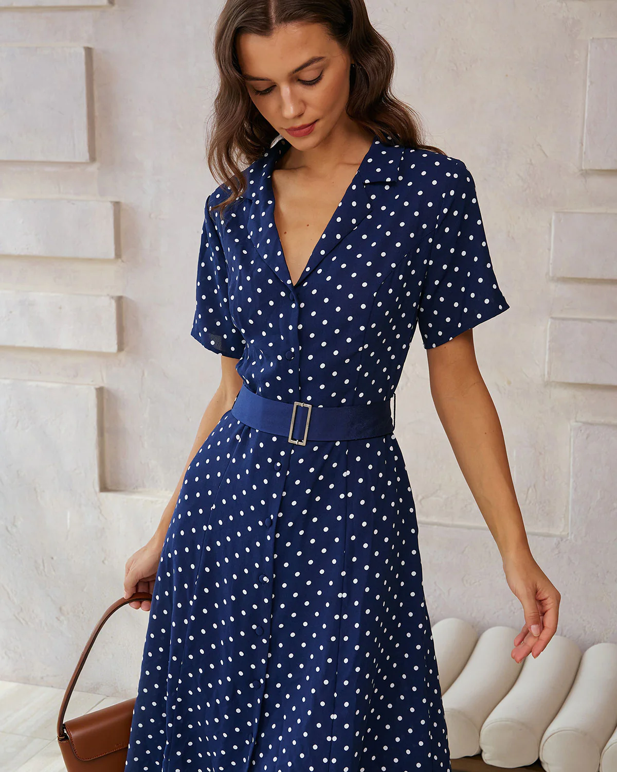 Blue Polka Dot Belted Midi Dress - Image 2