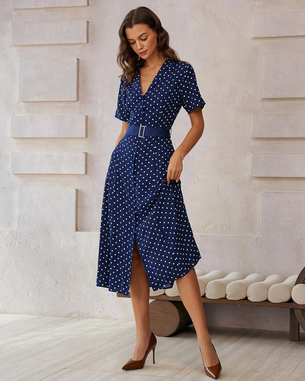 Blue Polka Dot Belted Midi Dress - Image 4
