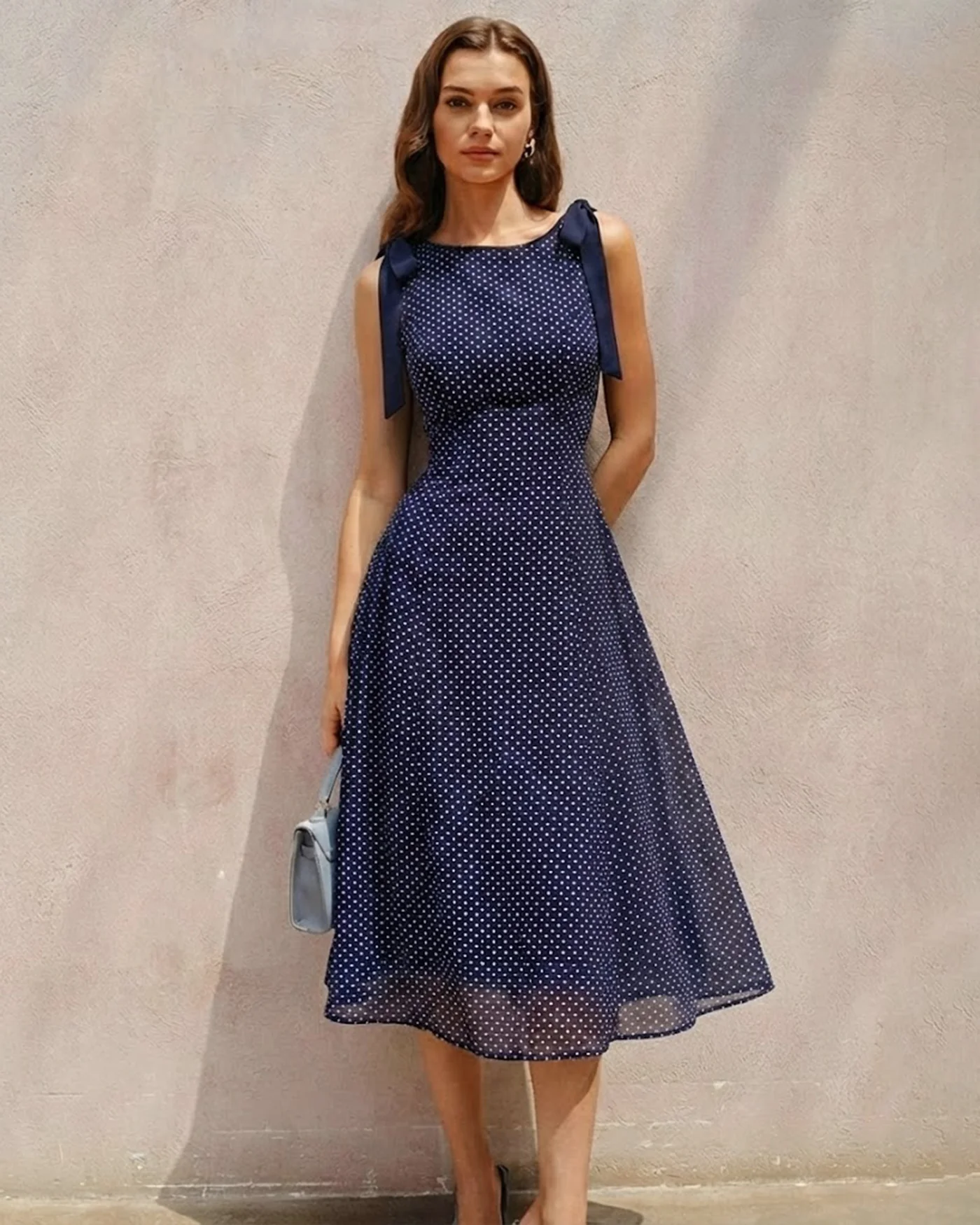 Blue Polka Dot Chiffon Midi Dress