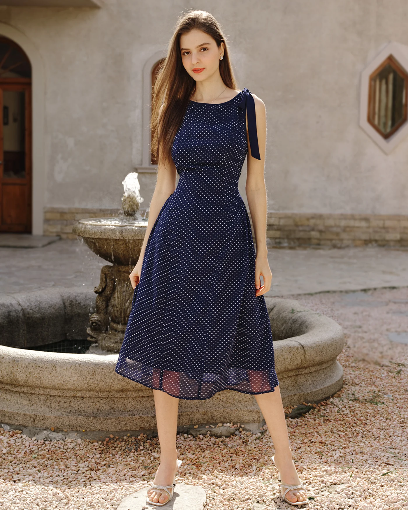 Blue Polka Dot Chiffon Midi Dress - Image 2