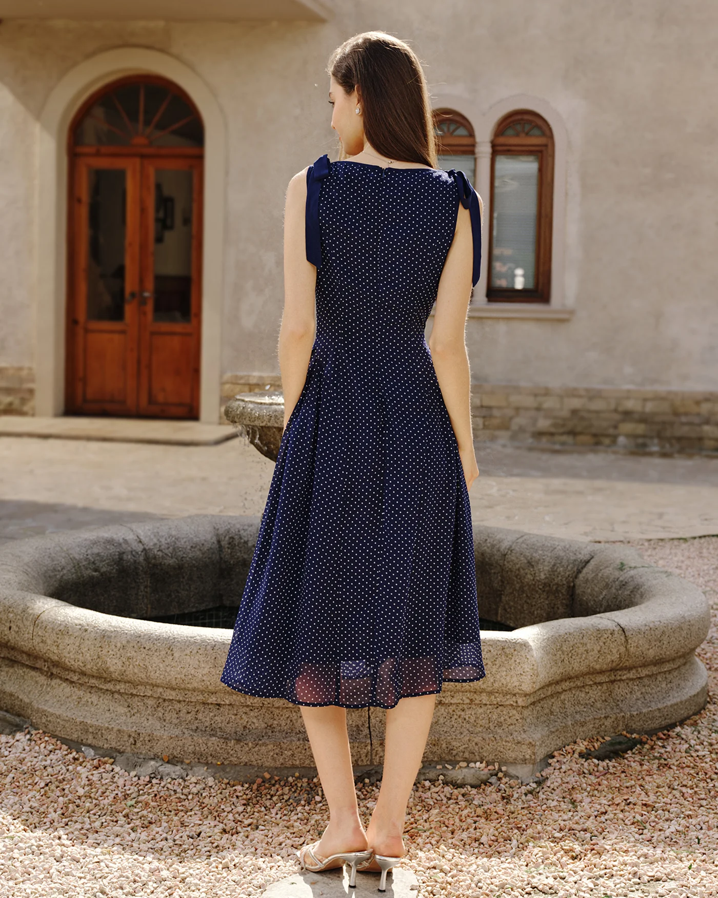 Blue Polka Dot Chiffon Midi Dress - Image 6