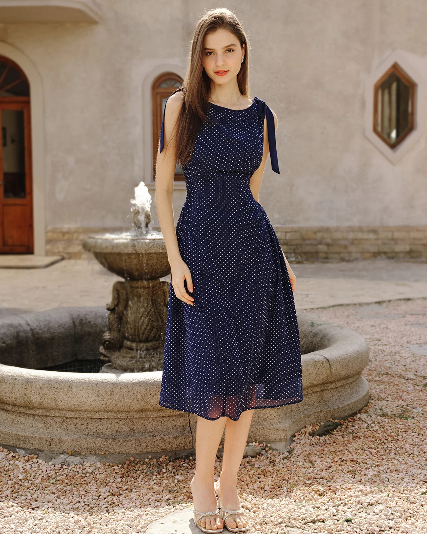 Blue Polka Dot Chiffon Midi Dress - Image 8